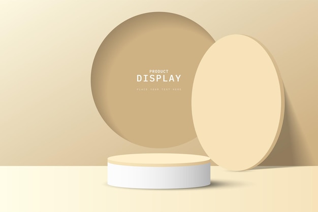 Podium cilindrico bianco marrone 3D con forma di finestra rotonda e copertura della porta della finestra appoggiata alla parete