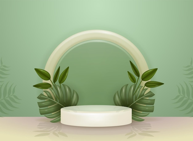 Podium di prodotti con fogliame naturale con oggetti sullo sfondo verde Adatto per prodotti cosmetici