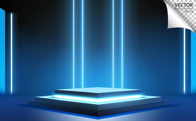 Podium di scena blu e nero con sfondo luminoso al neon per il prodotto tecnologico aziendale digitale