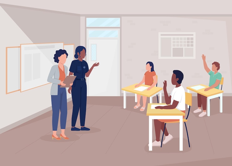 Vettore poliziotta che istruisce gli studenti a colori piatti illustrazione vettoriale