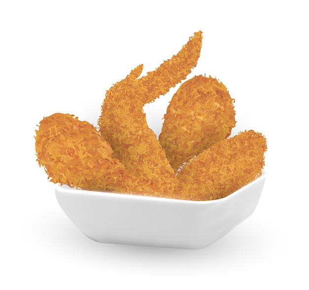 pollo fritto reale 3d in una ciotola su fondo bianco