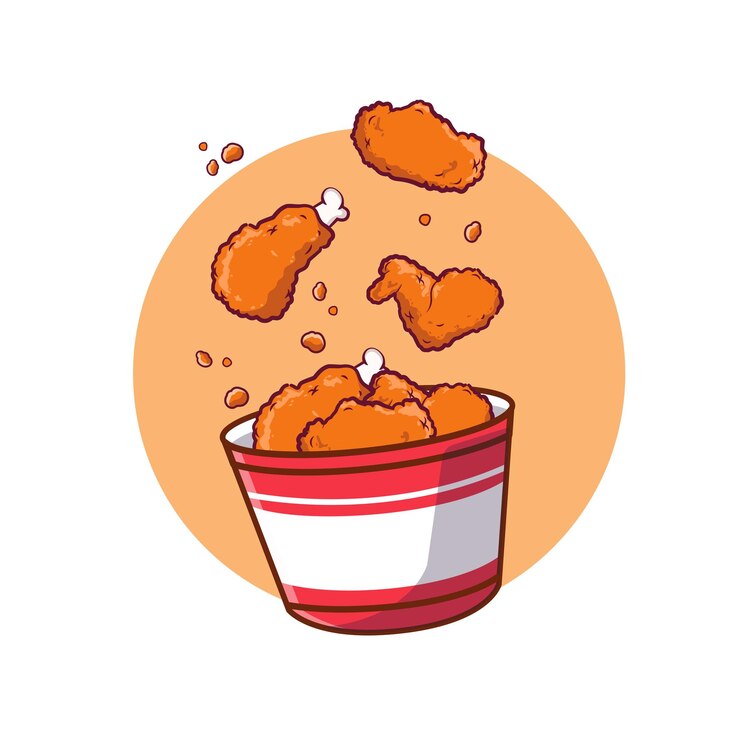 Pollo fritto volante con l'illustrazione dell'icona di vettore del fumetto del secchio