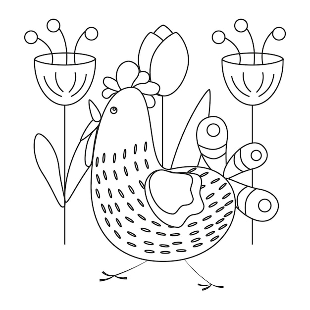 Pollo uccello divertente sullo sfondo dei fiori Line art Illustrazione vettoriale