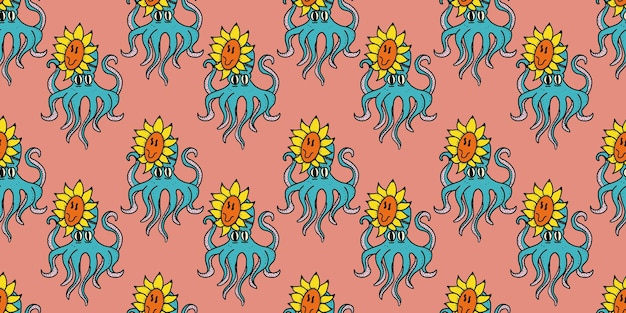 Polpo senza cuciture disegno vettoriale con calamari girasole cartone animato doodle ripetere carta da parati piastrelle sfondo illustrazione disegno isolato