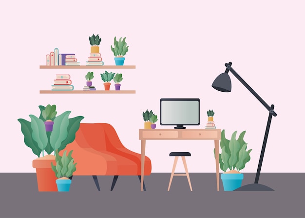 Poltrona e scrivania arancione con piante nel design del soggiorno, appartamento di costruzione di interni di decorazione domestica e tema residenziale