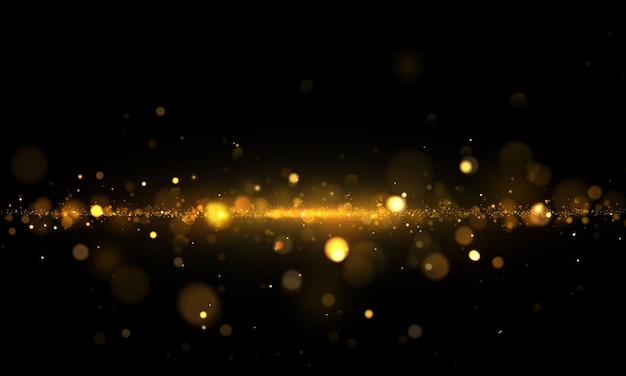 Polvere magica scintillante e particelle d'oro. Effetto bokeh astratto.