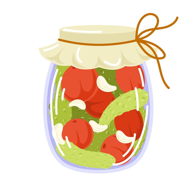 Vettore pomodori e cetrioli conservati in vaso in lattina di stile piatto di conserva di verdure in salamoia