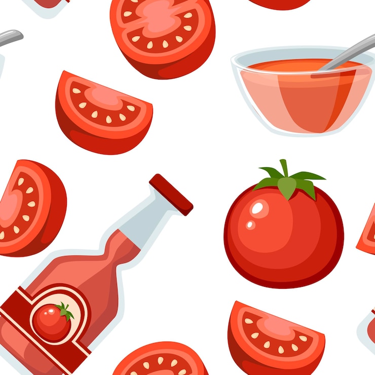 Vettore pomodori freschi senza cuciture e illustrazione intera piana di ketchup