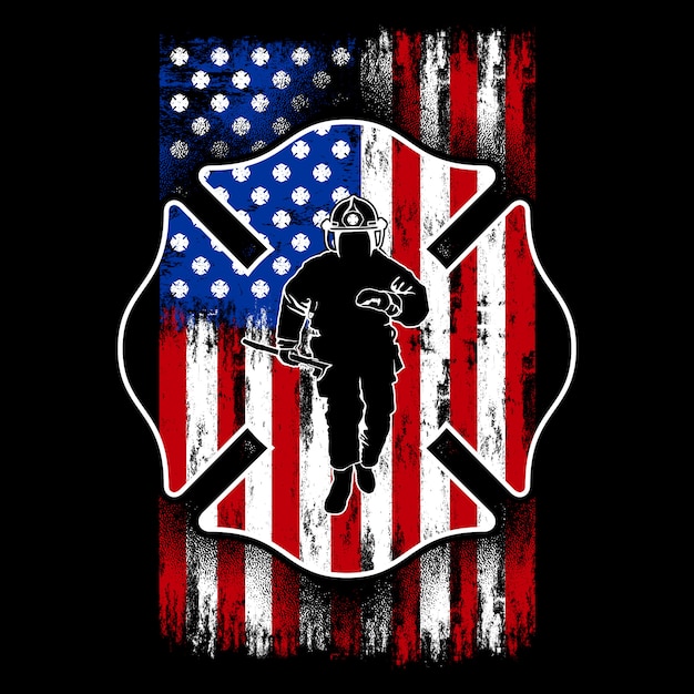 Pompiere con bandiera americana, pompiere americano, scudo