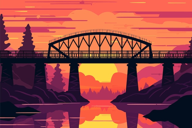 Ponte ferroviario sull'illustrazione di vettore di tramonto