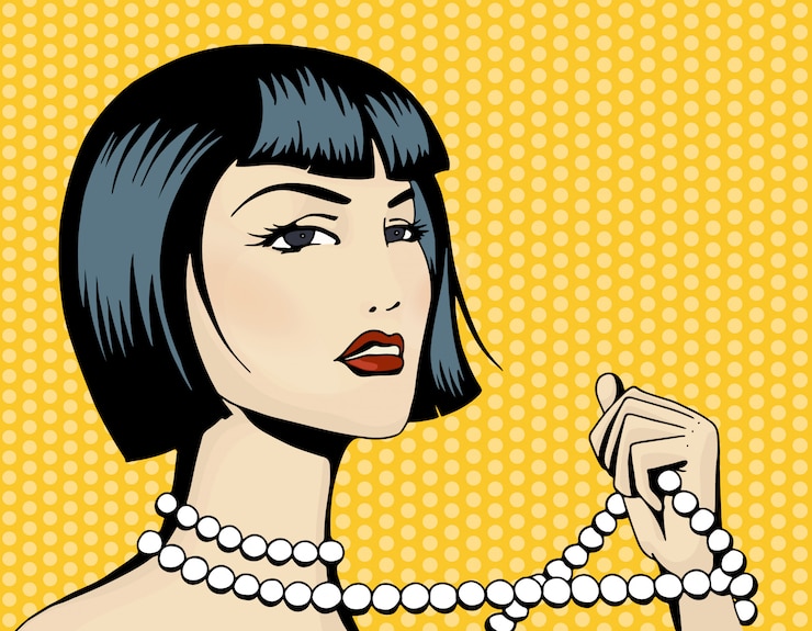 Vettore pop art bella donna con un filo di perline
