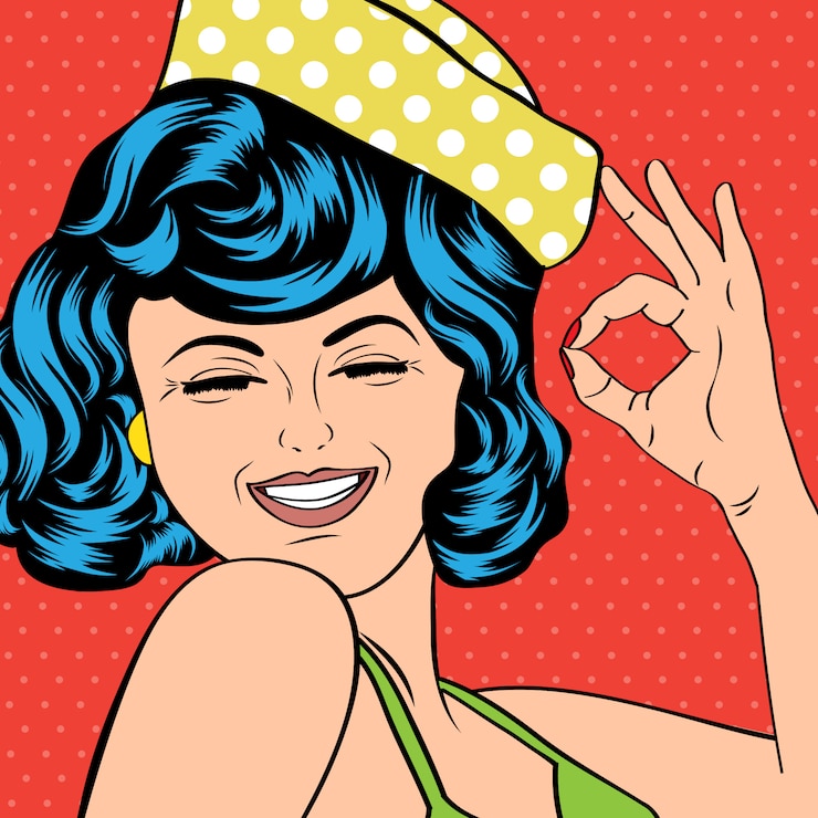 Vettore pop art carina donna retrò in stile fumetto ridendo