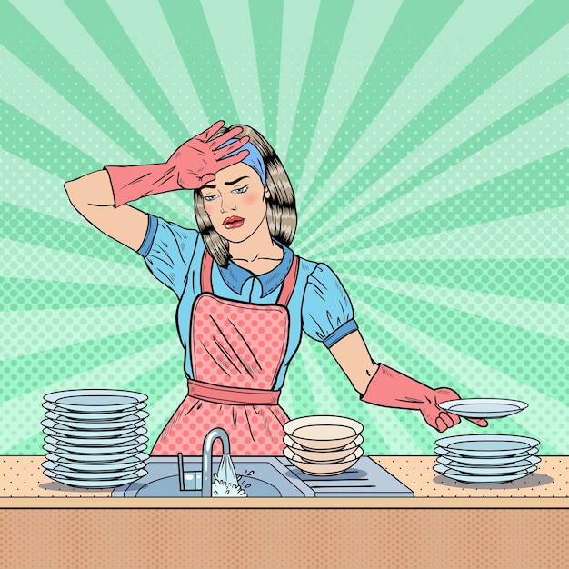 Pop Art casalinga stanca lavare i piatti in cucina