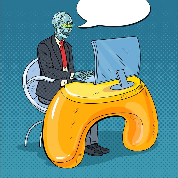 Vettore pop art futuristico uomo robotico che lavora con il computer