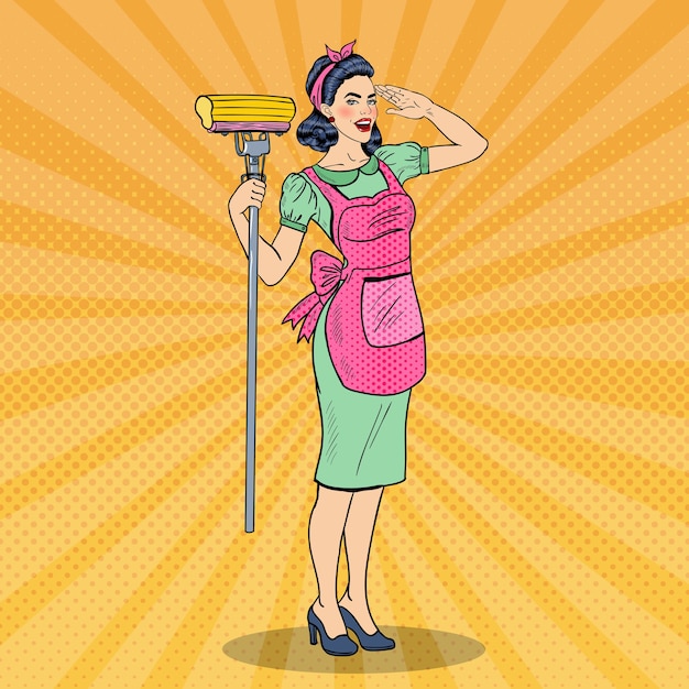Pop Art giovane donna casalinga fiduciosa che pulisce la casa con la scopa. illustrazione