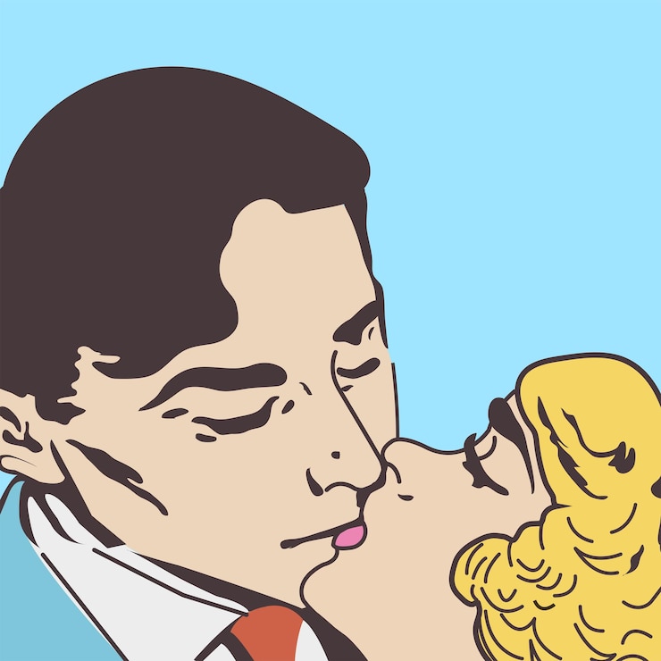 Vettore pop art uomo bacia donna con sfondo blu illustrazione coppia che si bacia