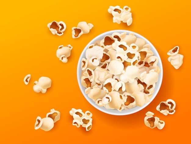 Popcorn vista dall'alto Snack realistici in secchio di carta tazza di soufflé di mais su sfondo di colore brillante salato e caramello dolci fast food Cinema spuntino sfondo giallo Concetto isolato vettoriale