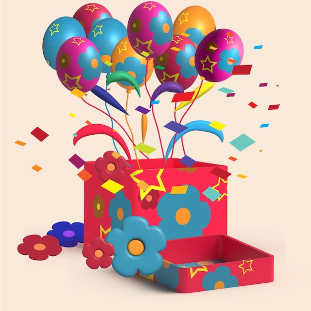 Popper per feste 3d con coriandoli volanti e palloncini o illustrazioni di feste di compleanno