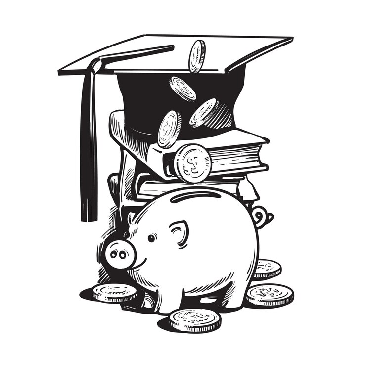 Porcellino salvadanaio disegnato a mano del fumetto con la pila di libri di caduta dei soldi del cappello di graduazione