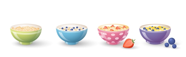 Porridge di farina d'avena con frutti di bosco Set di scaglie di colazione mirtillo fragola in ciotole con yogurt al latte