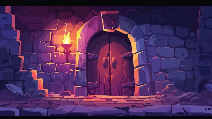 Vettore porta d'ingresso del muro di pietra del castello medievale nel sotterraneo per la progettazione dei livelli di gioco
