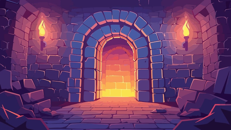 Vettore porta d'ingresso della parete di pietra del castello nel livello di gioco del sotterraneo