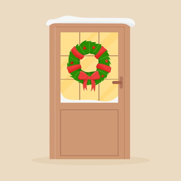 Porta di Natale con decorazioni. Porta d'ingresso invernale.