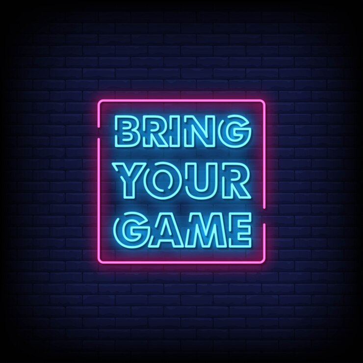 Vettore porta il tuo gioco insegne al neon in stile testo
