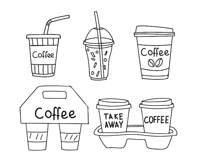 Porta via le illustrazioni di doodle delle tazze di caffè impostate nel vettore