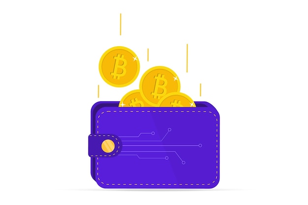 Portafoglio crittografico Portafoglio bitcoin digitale Portafoglio bitcoin viola con monete isolate su sfondo bianco Illustrazione vettoriale