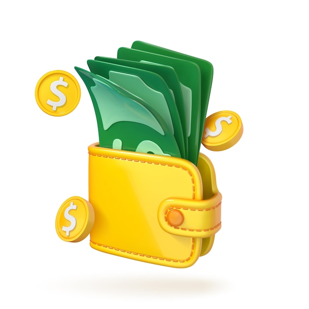 Portafoglio di cartoni animati 3D con banconote e monete in dollari Contanti in borsa Concetto di risparmio di denaro Investimento finanziario aziendale Pagamento online e cashback Illustrazione vettoriale 3d