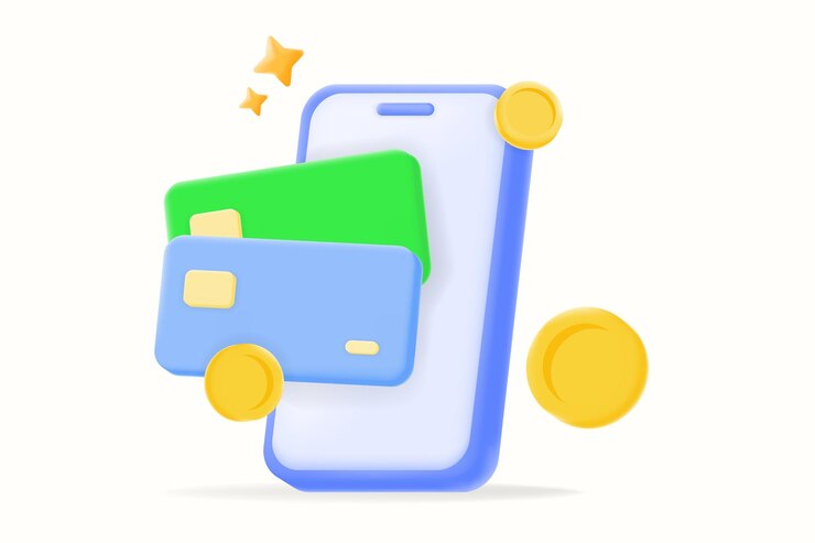 Vettore portafoglio digitale con carte di credito, monete e pagamenti mobili tramite smartphone per transazioni online sicure