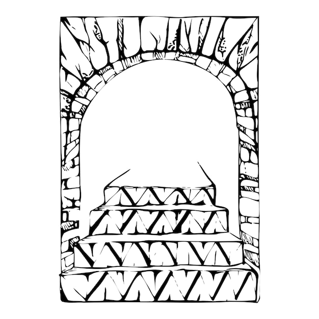 Portale di apertura dell'arco del giardino del patio con piastrelle di parete azulejo geometriche e gradini architettonici