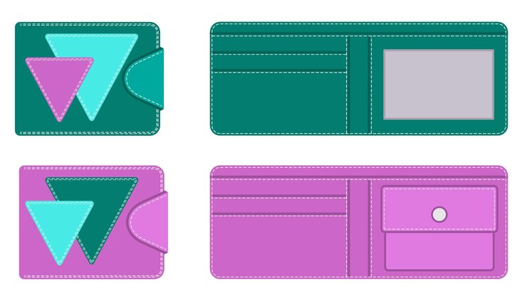 Vettore portamonete in pelle a forma aperta e chiusa con tasche per documenti e carte di credito