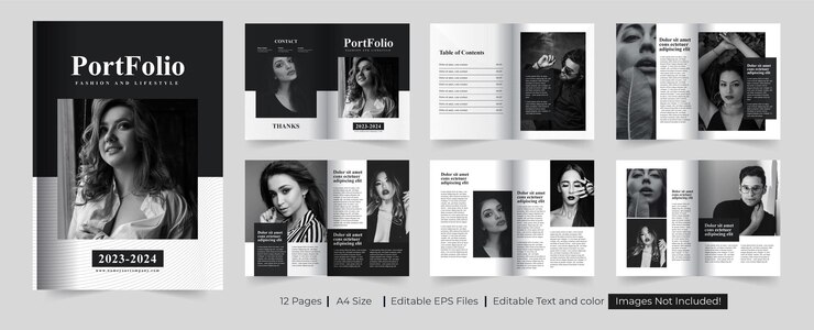 Vettore portfolio e fashion portfolio e clean fashion lookbook template design