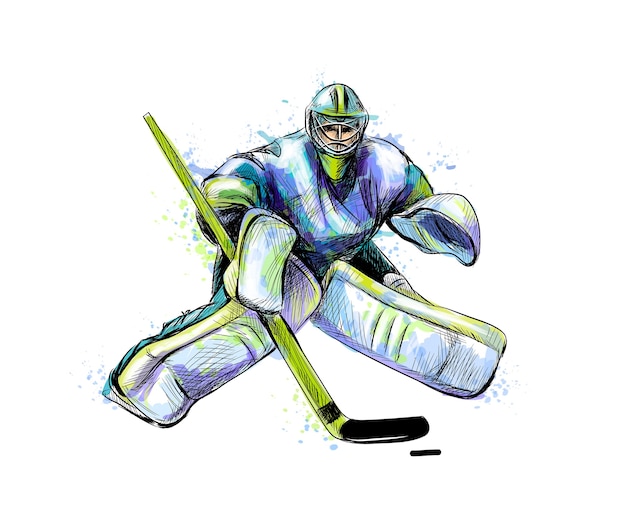 Portiere di hockey astratto da schizzi di acquerelli. Schizzo disegnato a mano. Sport invernali. illustrazione di vernici