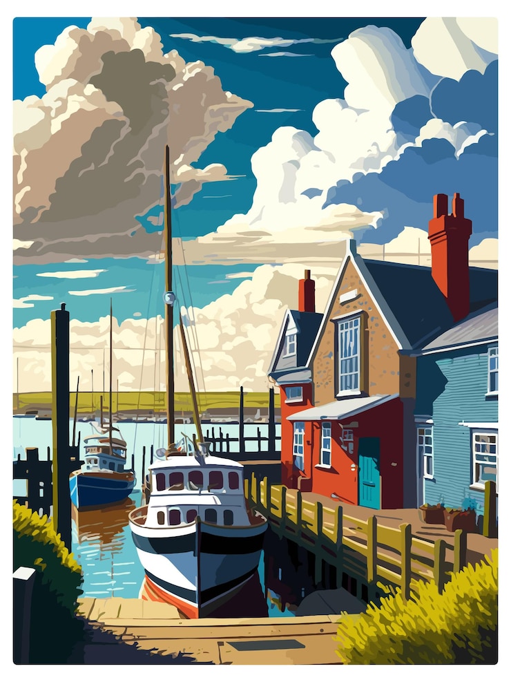 Vettore porto di whitstable inghilterra poster di viaggio vintage cartolina ricordo ritratto dipinto illustrazione