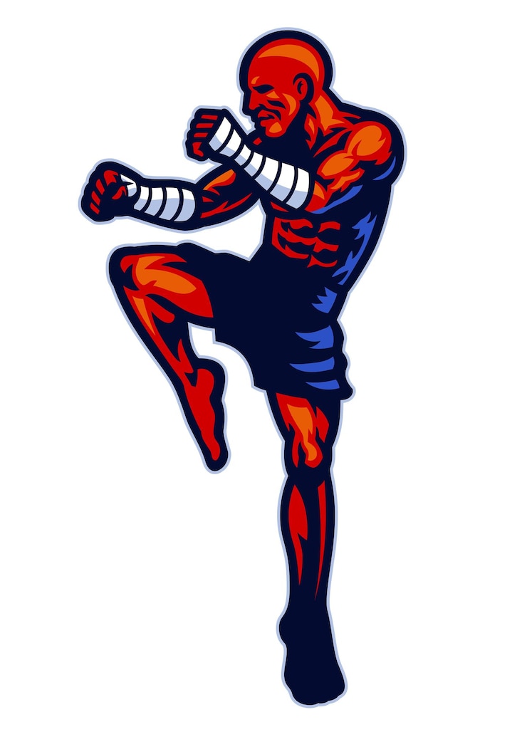 Vettore posa della mascotte del combattente di muay thai