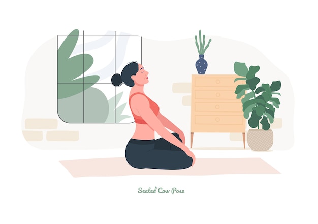 Posa di yoga della mucca seduta Giovane donna che pratica esercizio di yoga