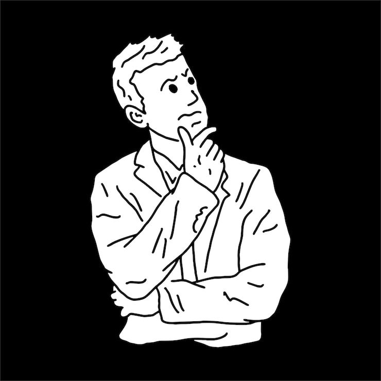 Vettore posa pensante di un uomo con un maglione blu e un uomo con una mano sul mento guarda il cielo