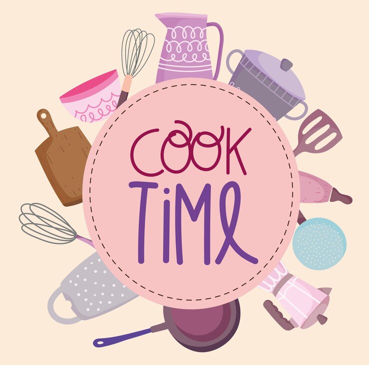 Vettore posate di utensili da cucina in caratteri in stile cartone animato, illustrazione dell'etichetta