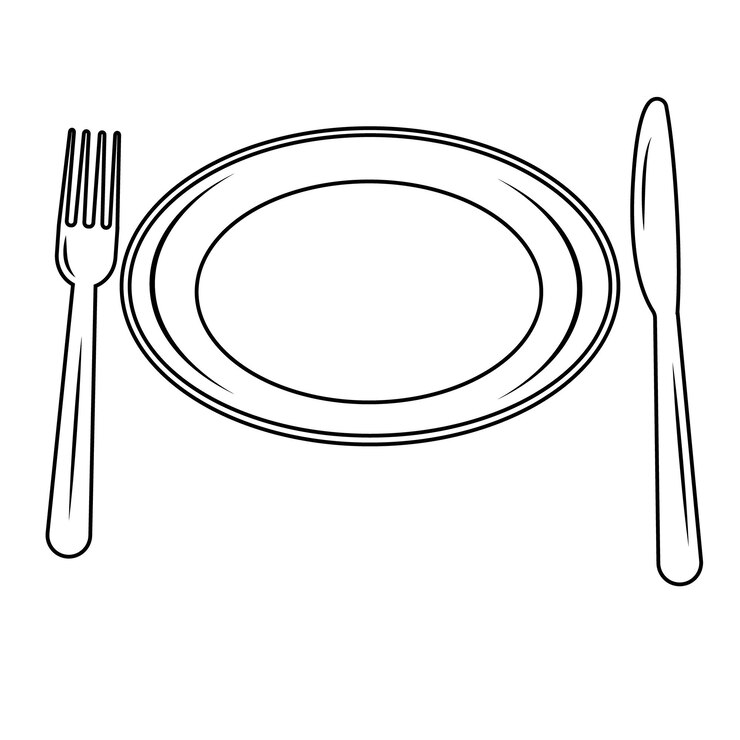 Posate forchetta e coltello e piatto colore isolato illustrazione contorno nero doodle