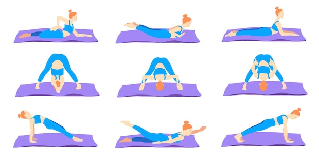 Pose di yoga e pilates su stuoie di capelli rad ragazza in stile cartoon piatto Tuta blu