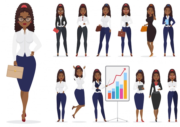 Pose differenti del carattere nero afroamericano della donna di affari della donna di affari messe. disegno femminile del fumetto.