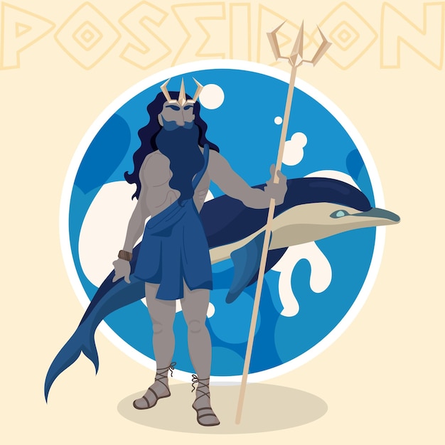 Poseidone colorato isolato dio greco del mare personaggio illustrazione vettoriale