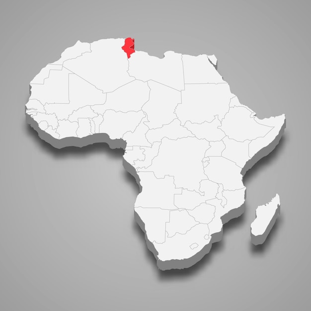 Posizione del paese in Africa mappa 3d Tunisia