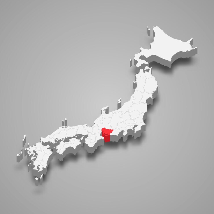 Vettore posizione della regione di aichi all'interno della mappa 3d del giappone