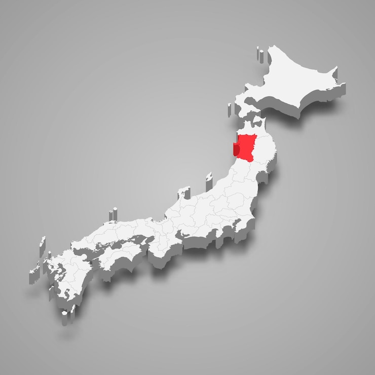Vettore posizione della regione di akita all'interno della mappa 3d del giappone