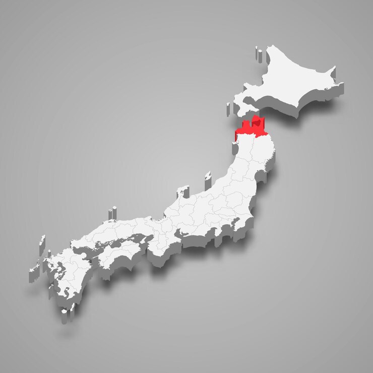 Vettore posizione della regione di aomori all'interno della mappa 3d del giappone