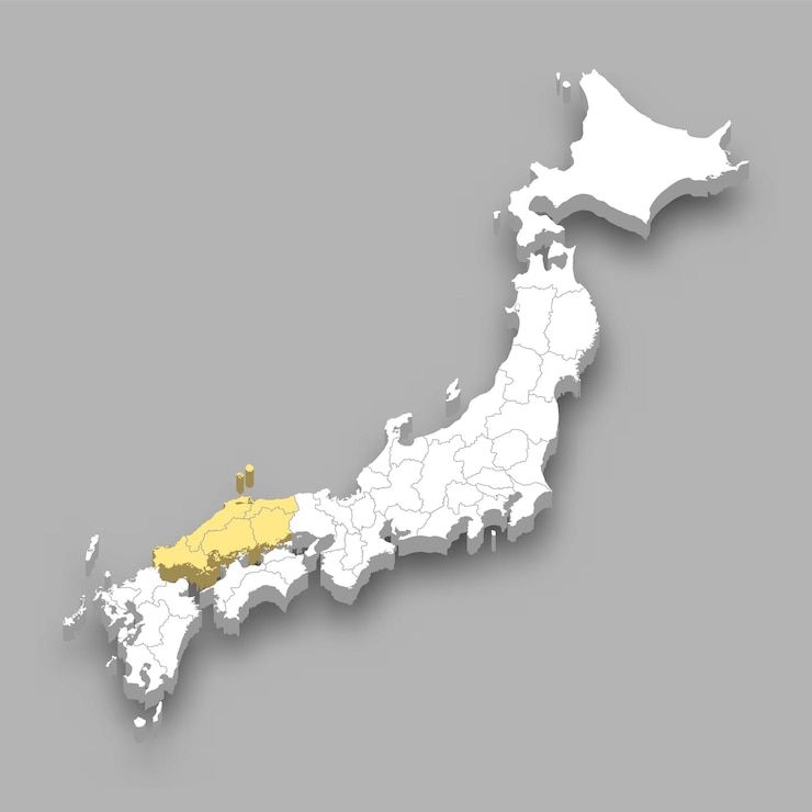 Vettore posizione della regione di chugoku all'interno della mappa del giappone